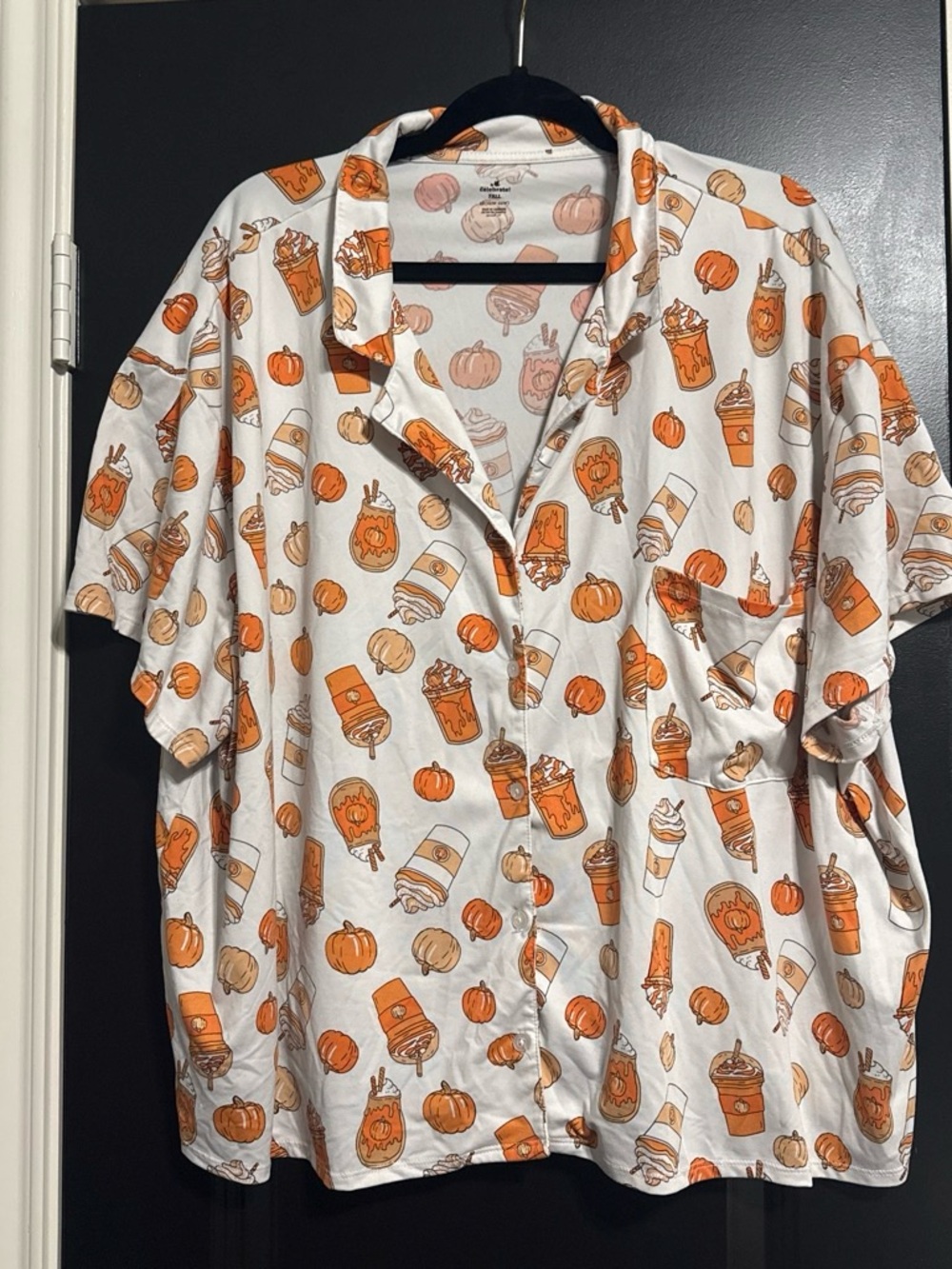 Halloween Pumpkin Spice Latte Print Button-Up PJ Shirt